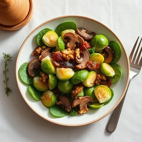 Warm Brussels Sprout, Bacon-Style Mushroom & Walnut Salad