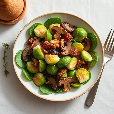 Warm Brussels Sprout, Bacon-Style Mushroom & Walnut Salad