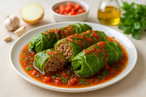 Mediterranean Stuffed Cabbage Rolls with Ground Lamb and Tomato Herb Sauce