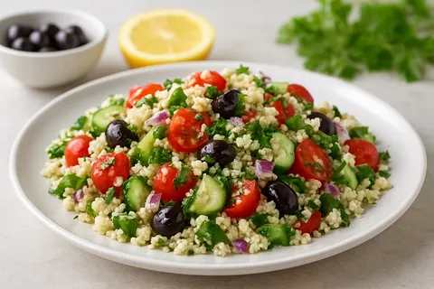 Cauliflower Couscous Greek Salad with Olives and Herbs