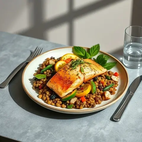 Warm Salmon & Lentil-Swap Salad with Turmeric