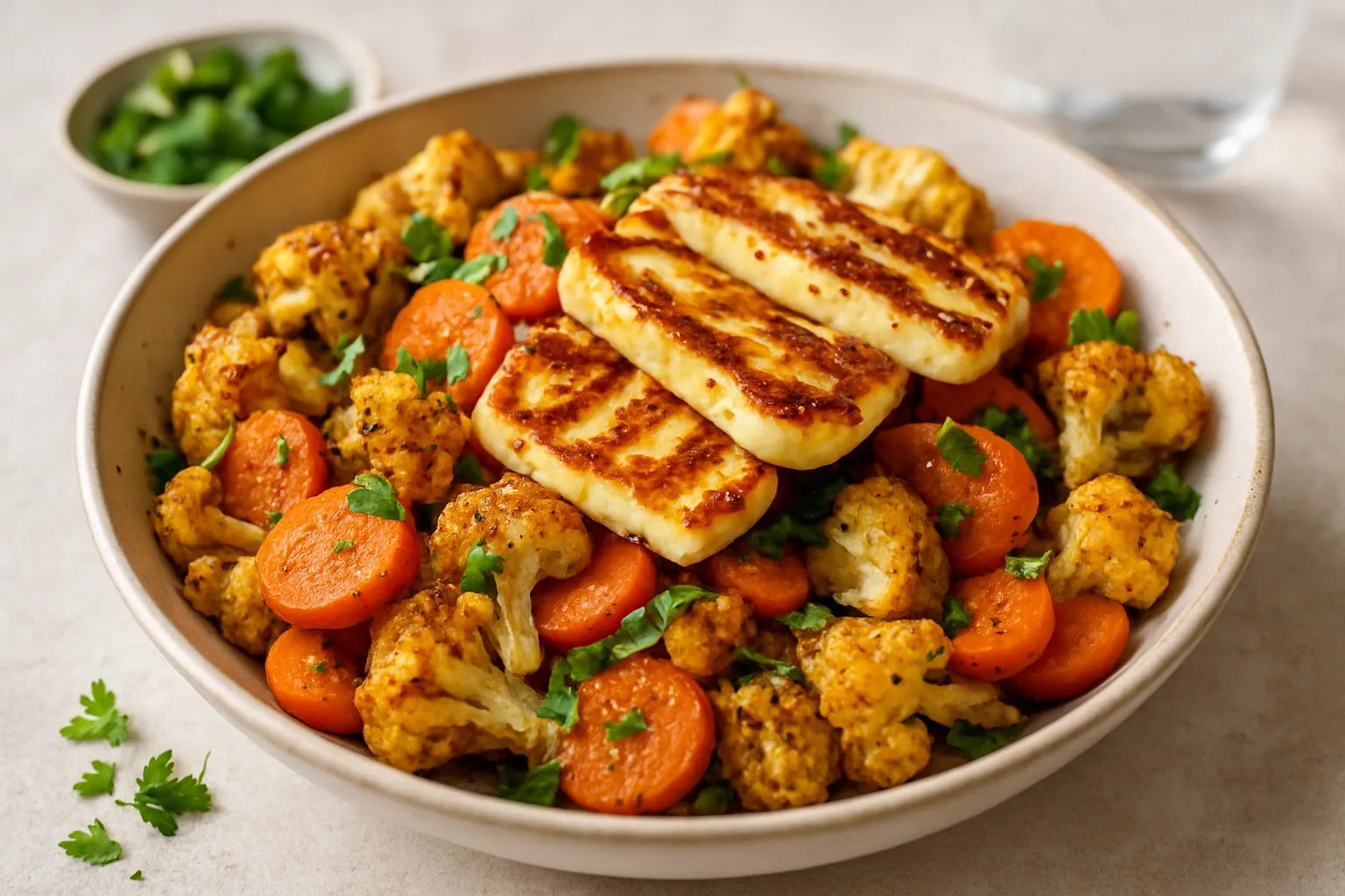 Spicy Moroccan-Spiced Carrot and Cauliflower Bowl with Grilled Halloumi