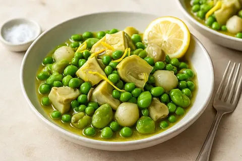 Zeytinyağlı Güveç — Artichoke, Broad Bean and Spring Pea Braise with Pearl Onions and Lemon