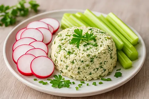 Herbed Cottage-Style Almond Cheese with Crunchy Radish and Celery Sticks