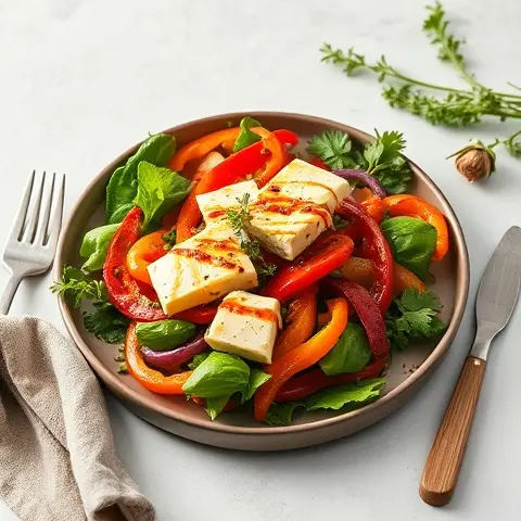Paneer Tikka Salad with Bell Peppers and Olive Oil