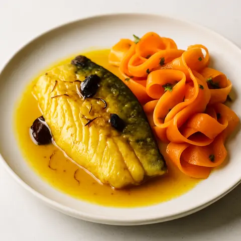 Saffron-Kokum Braised Sea Bass with Warm Cardamom Carrot Ribbons