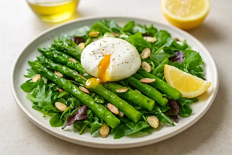 Warm Asparagus, Poached Egg & Almond Salad with Lemon