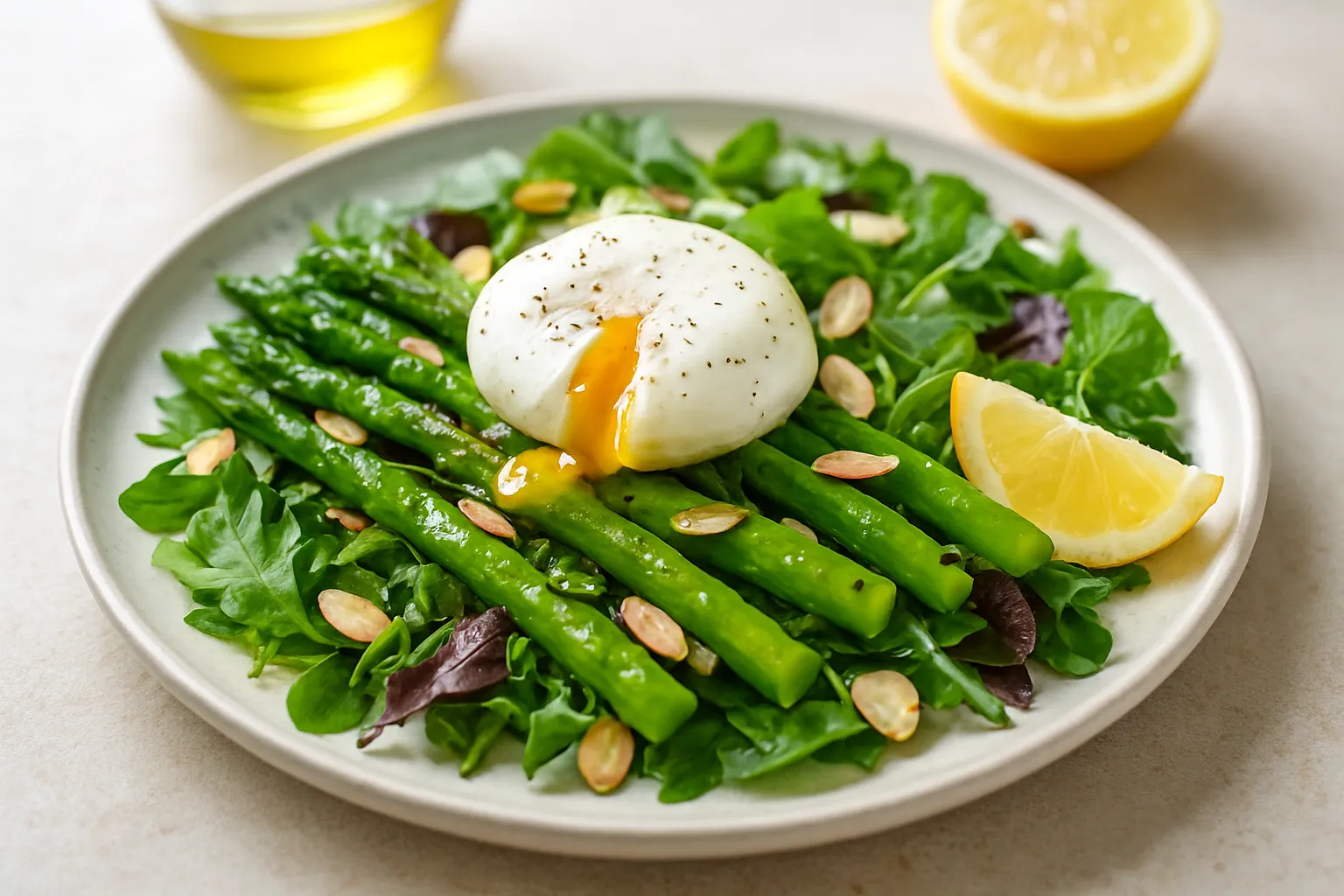 Warm Asparagus, Poached Egg & Almond Salad with Lemon