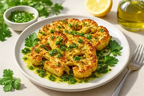 Harissa-Free Roasted Cauliflower Steaks with Lemon Herb Oil
