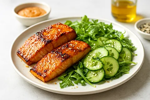 Miso-Sesame Grilled Salmon & Cucumber Salad