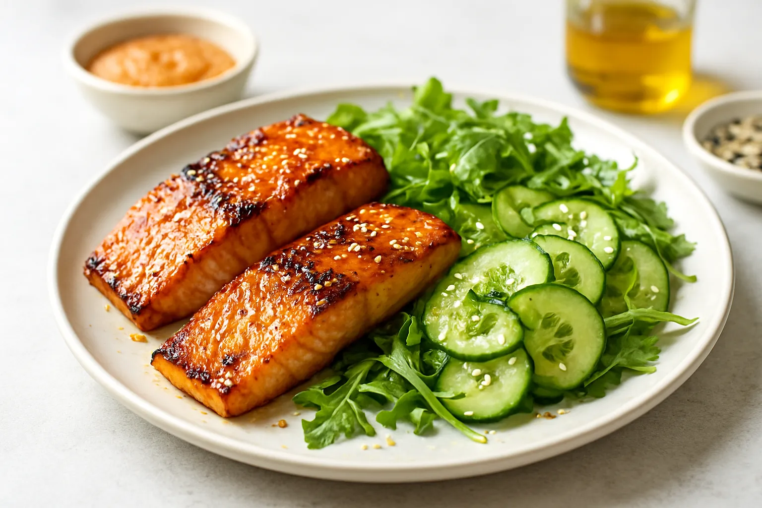 Miso-Sesame Grilled Salmon & Cucumber Salad