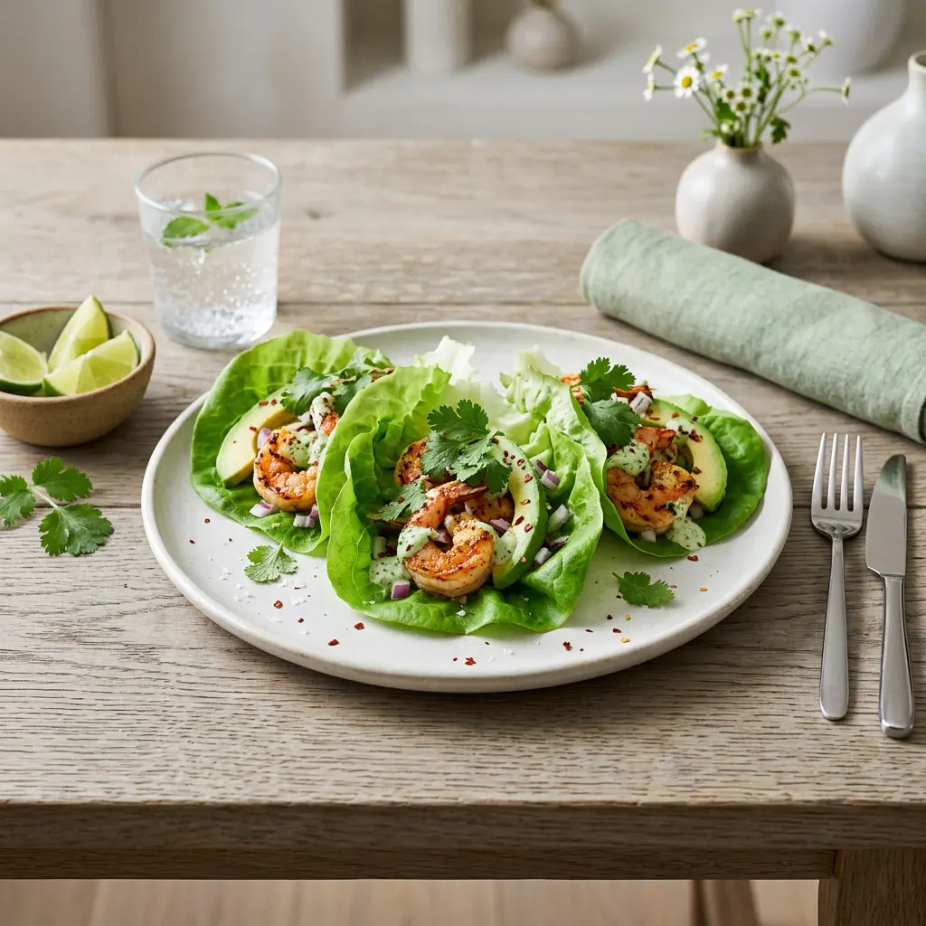 Shrimp Lettuce Tacos with Avocado and Cilantro
