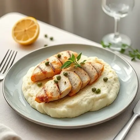 Lemon-Caper Chicken Piccata over Cauliflower Mash