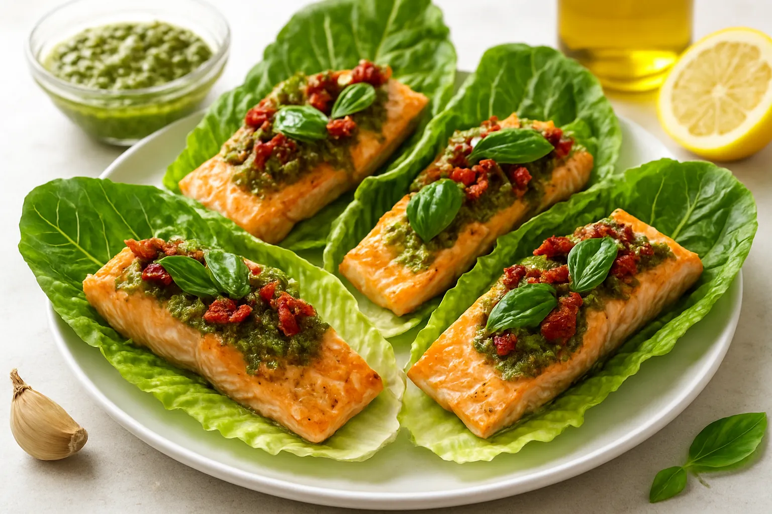 Pesto Salmon Lettuce Wraps with Sun-Dried Tomato Bits