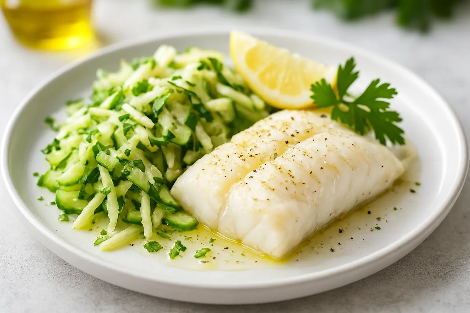 Steamed Cod with Celeriac & Cucumber Slaw