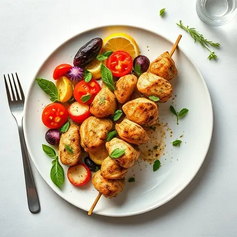 Za’atar Roasted Vegetables with Lemon Tahini Chicken Skewers
