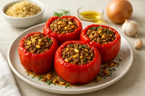 Turkish Biber Dolması with Lamb, Bulgur and Pine Nuts