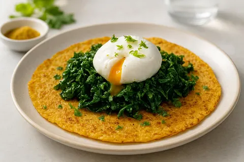 Spiced Besan Chilla with Sautéed Kale & Poached Egg