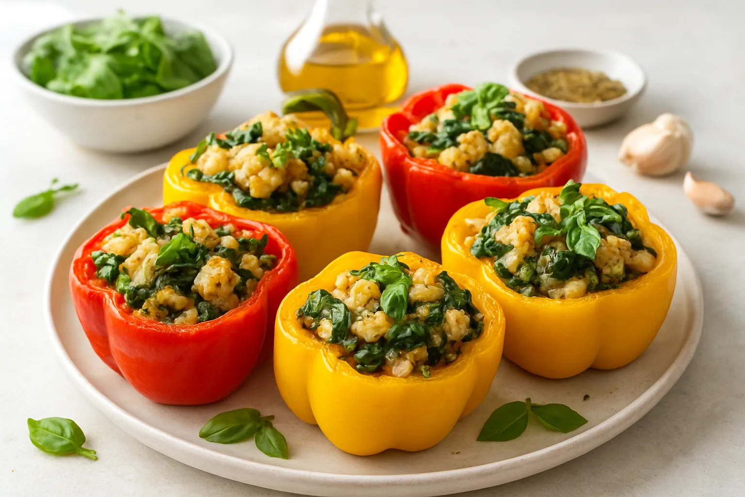 Mediterranean Cauliflower & Spinach Stuffed Peppers