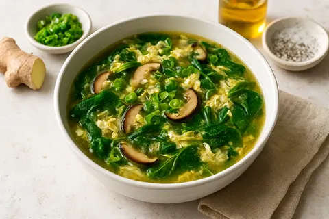 Nourishing Egg Drop Soup with Shiitake and Baby Greens
