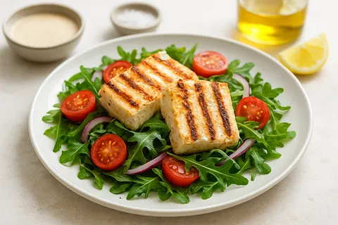 Lemon-Tahini Grilled Almond Cheese with Arugula