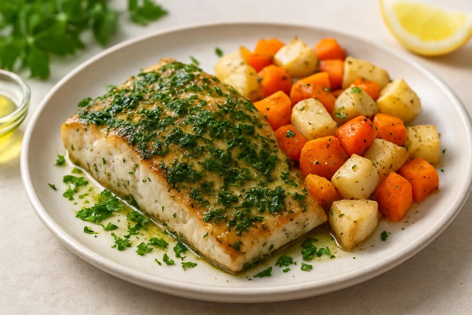 Fresh Herb Baked Mahi-Mahi with Roasted Turnip Medley