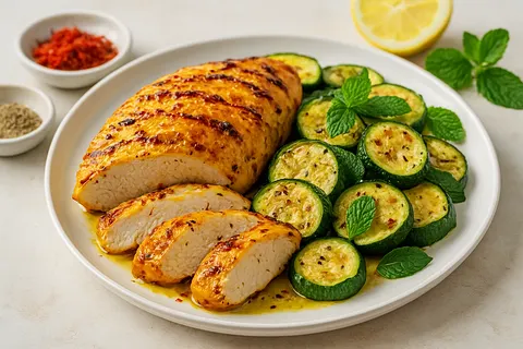 Saffron-Cardamom Grilled Turkey Breast with Minted Zucchini