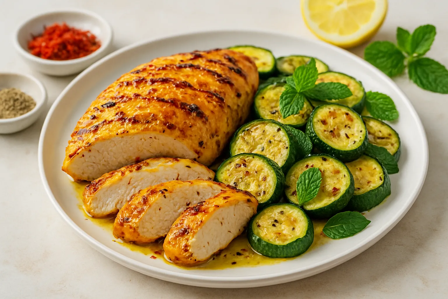 Saffron-Cardamom Grilled Turkey Breast with Minted Zucchini