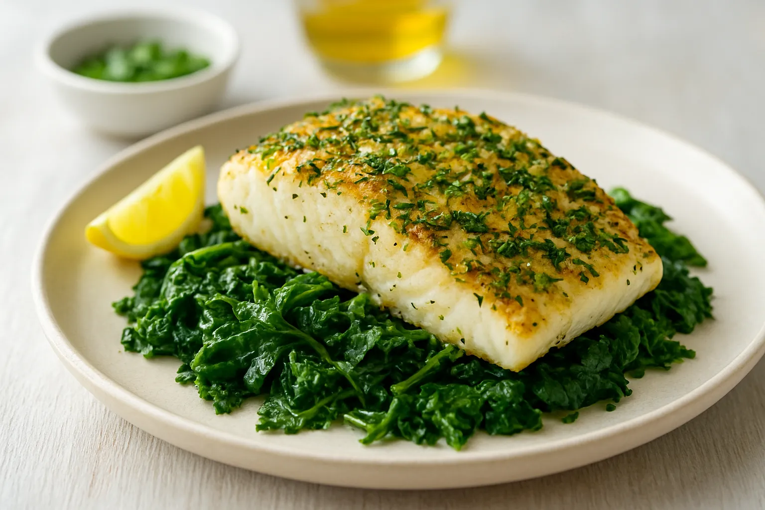 Zesty Herb-Crusted Halibut with Wilted Greens