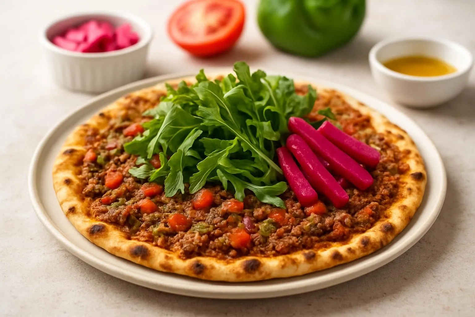 Antep-Style Lahmacun with Rocket and Pickled Turnip