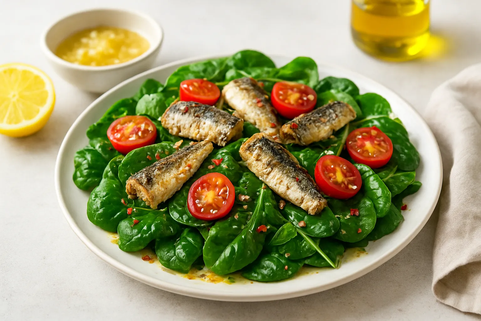 Sardine & Spinach Warm Salad with Lemon-Garlic Dressing