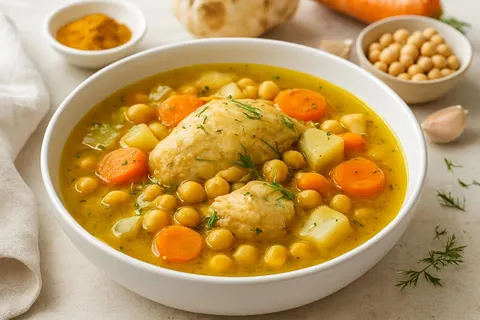 Tavuk Haşlama Çorbası — Poached Free-Range Chicken with Chickpeas, Celery Root and Turmeric-Lemon Liaison