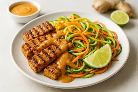 Grilled Tempeh and Zoodle Satay with Peanut-Free Sauce