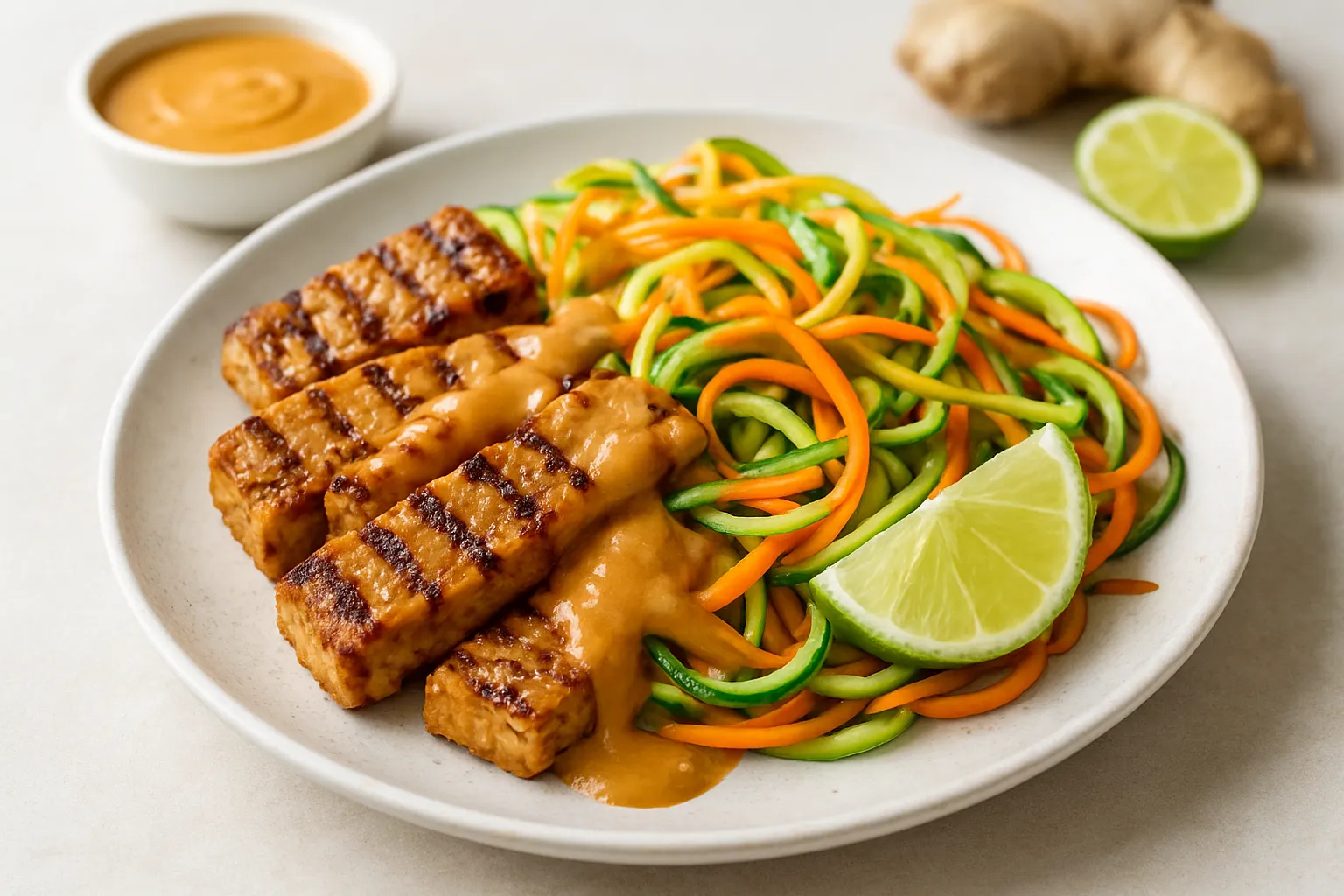 Grilled Tempeh and Zoodle Satay with Peanut-Free Sauce