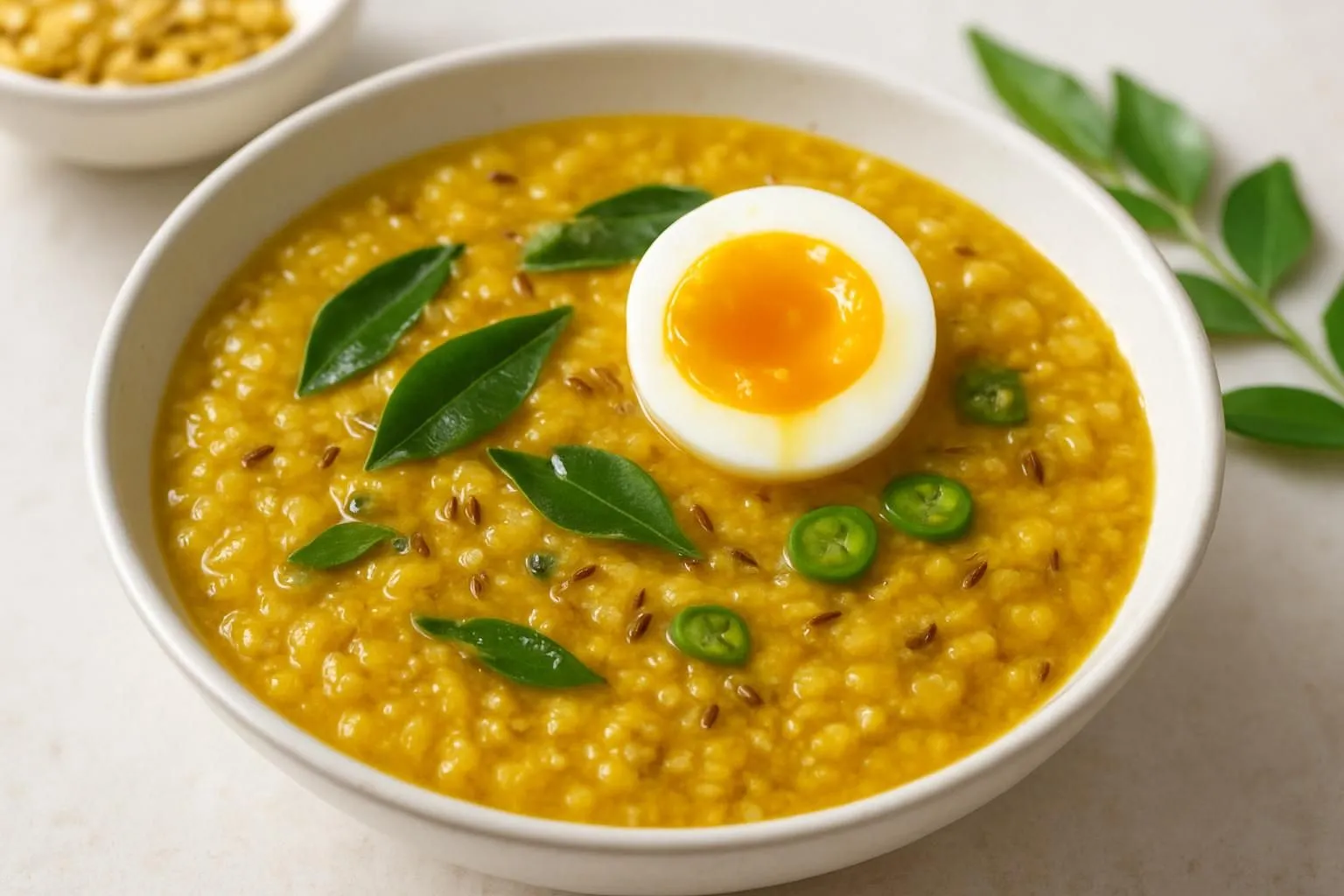 Spiced Amaranth & Moong Dal Savory Porridge with Soft Egg and Curry Leaf