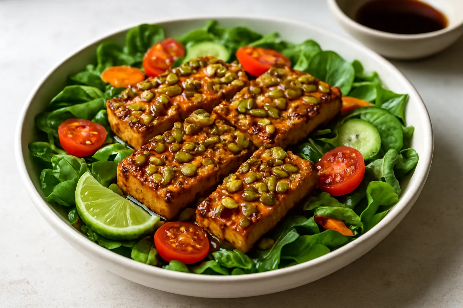 Roasted Pumpkin Seed-Crusted Tofu with Tamari-Lime Glaze Salad Bowl