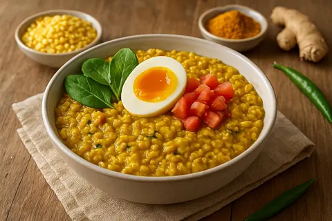 Spiced Turmeric Oats & Moong Dal Savory Porridge with Soft-Boiled Egg