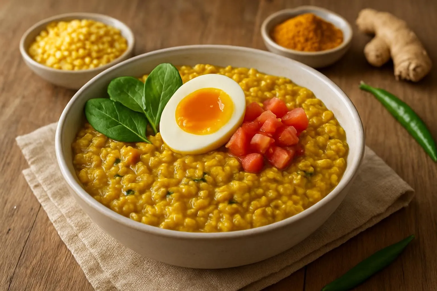 Spiced Turmeric Oats & Moong Dal Savory Porridge with Soft-Boiled Egg