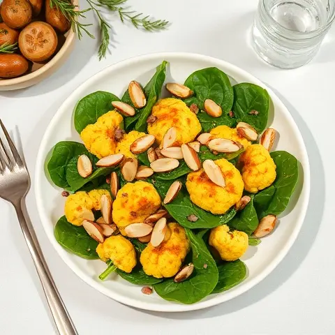 Turmeric-Spiced Roasted Cauliflower & Spinach Salad with Almonds