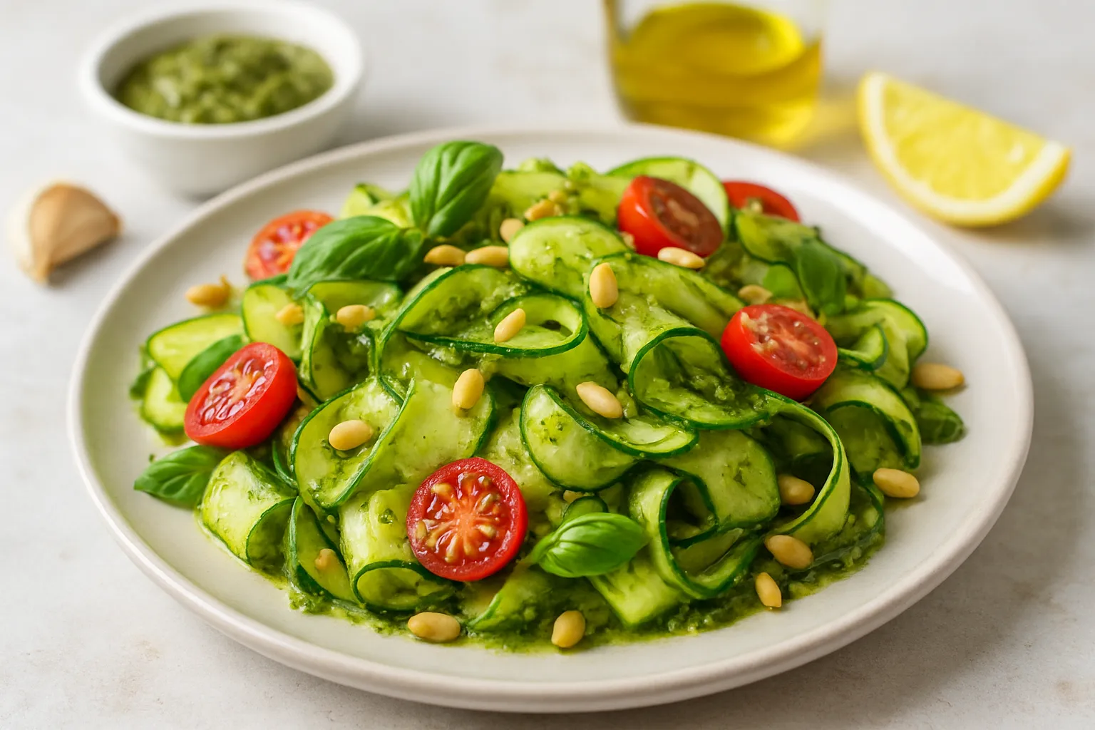 Zucchini Ribbon Salad with Pesto & Pine Nuts (No Cheese)