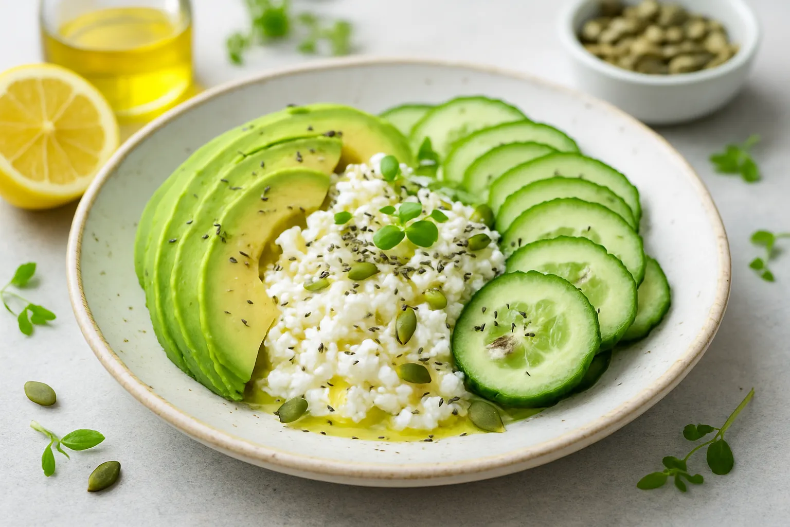 Avocado and Cucumber Cottage Bowl with Sesame-Free Seeds