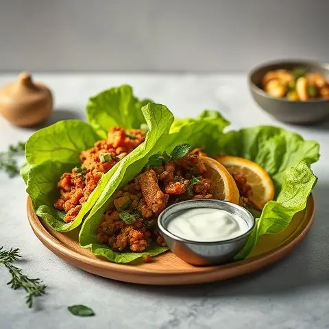 Spicy Keema Turkey Lettuce Cups with Mint-Yogurt