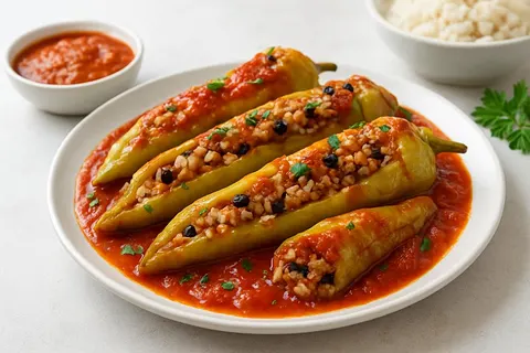 Fırında Biber Dolması with Spiced Turkey, Currant Rice and Tangy Tomato Sauce