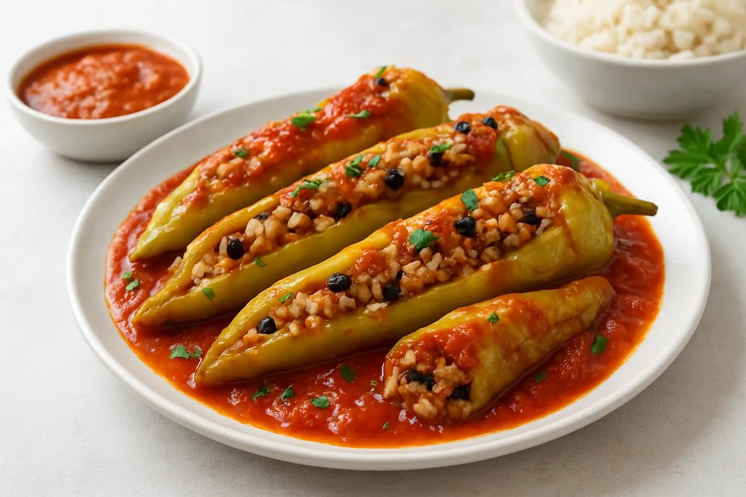 Fırında Biber Dolması with Spiced Turkey, Currant Rice and Tangy Tomato Sauce