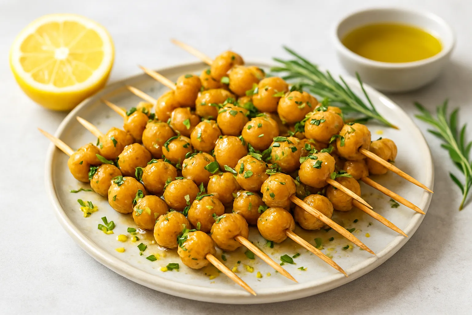 Rosemary Lemon Chickpea Skewers with Garlic