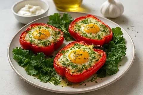 Herb-Crusted Baked Eggs in Roasted Bell Pepper Boats
