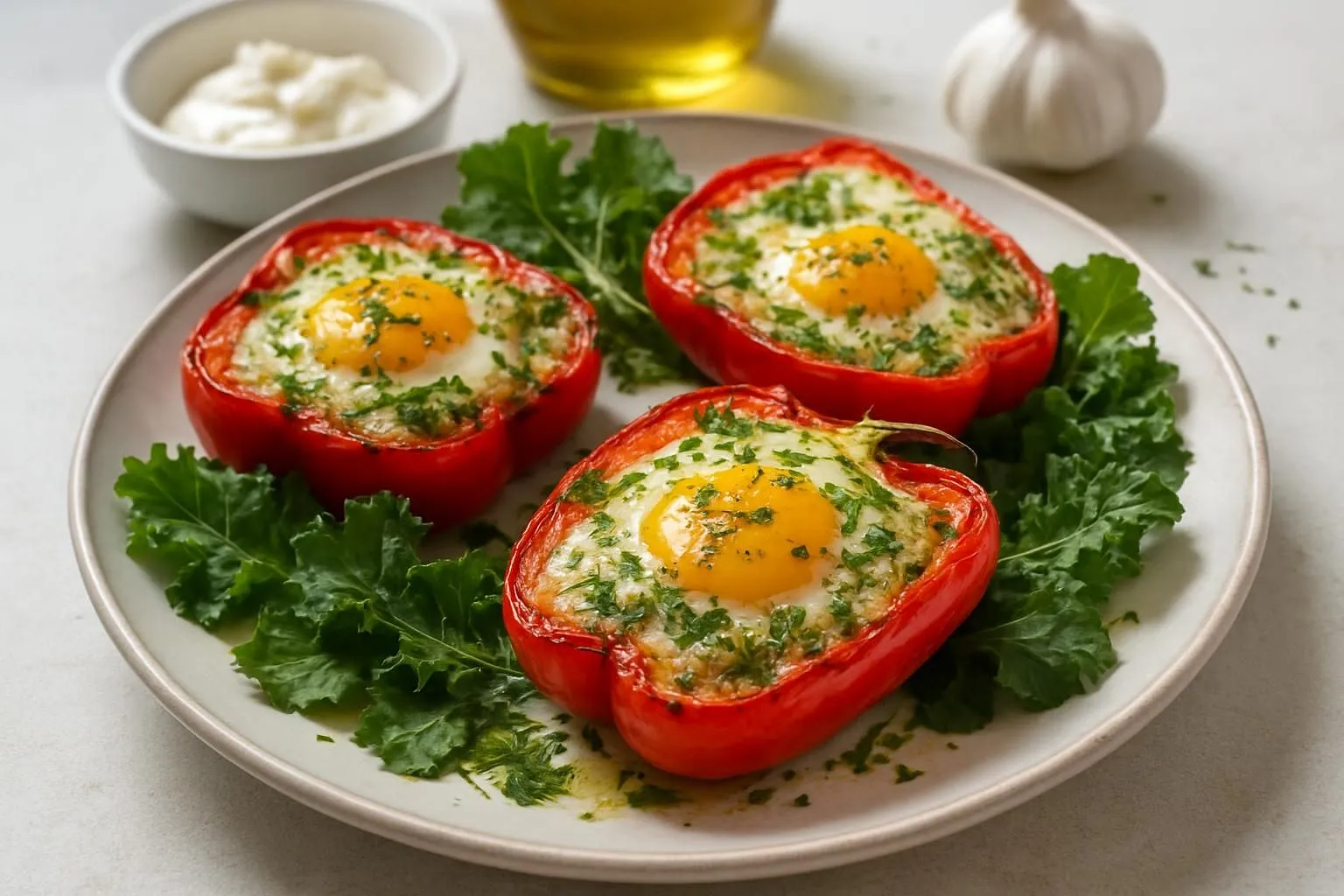 Herb-Crusted Baked Eggs in Roasted Bell Pepper Boats