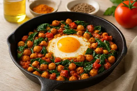 Spiced Chickpea & Egg Breakfast Skillet with Spinach and Cumin