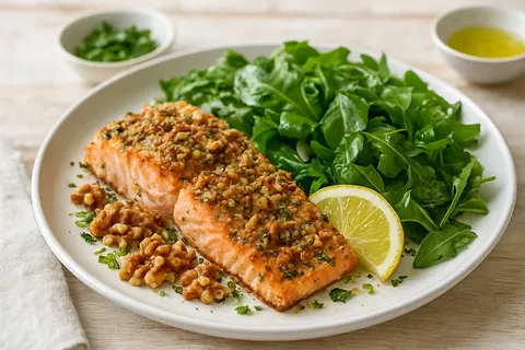 Walnut-Crusted Salmon with Lemon Greens