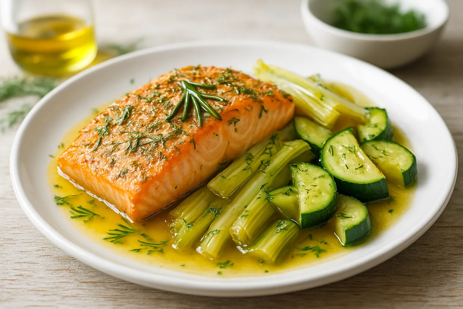 Dill-Rosemary Baked Salmon with Braised Leek Tips and Zucchini